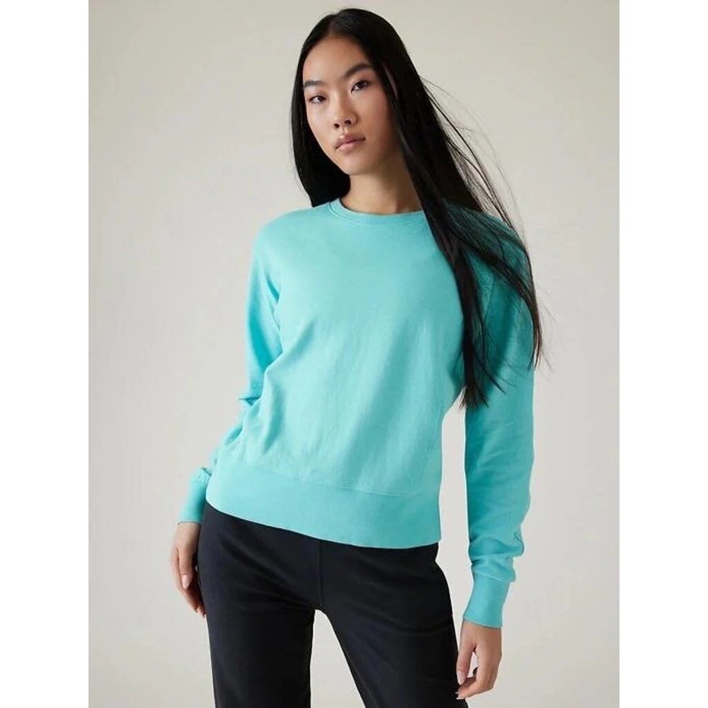 Athleta Aqua Turquoise Crew Neck Sweater Keyhole Back Sundown Motion Sweatshirt